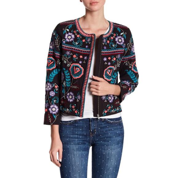 Parker Embroidered Floral Zip Up Round Neck Crop Jacket Black Multi Womens Small - Picture 1 of 5